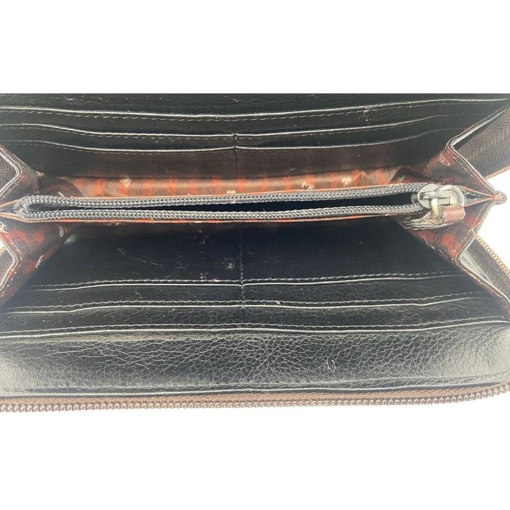 BRIGHTON Vintage Crossbody Purse Wallet Black Brown Leather Strap Travel Clutch